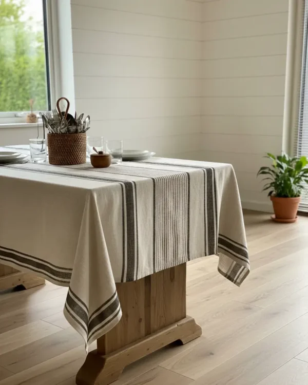 French Style Linen Tablecloth in Black Stripes
