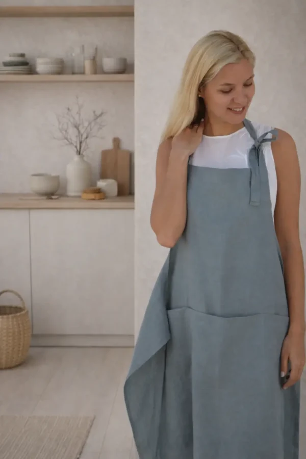 Linen Apron in Gray Blue