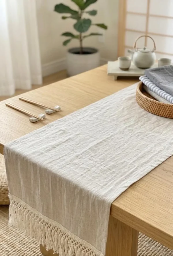 Linen Table Runner with Macrame. Various Colors