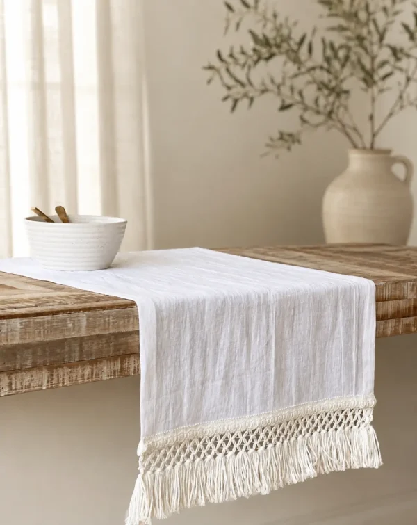 Linen Table Runner with Macrame in White