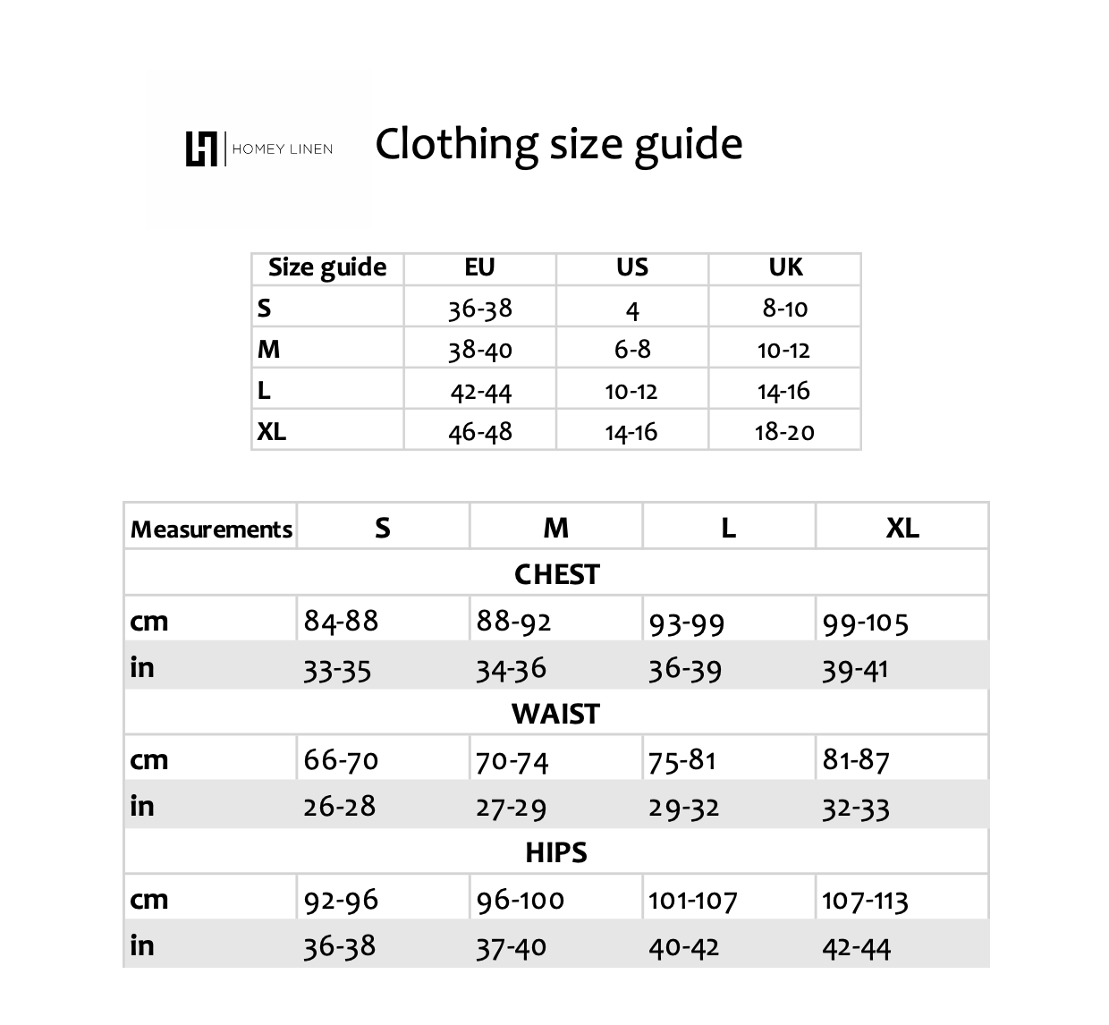 Clothing size guide