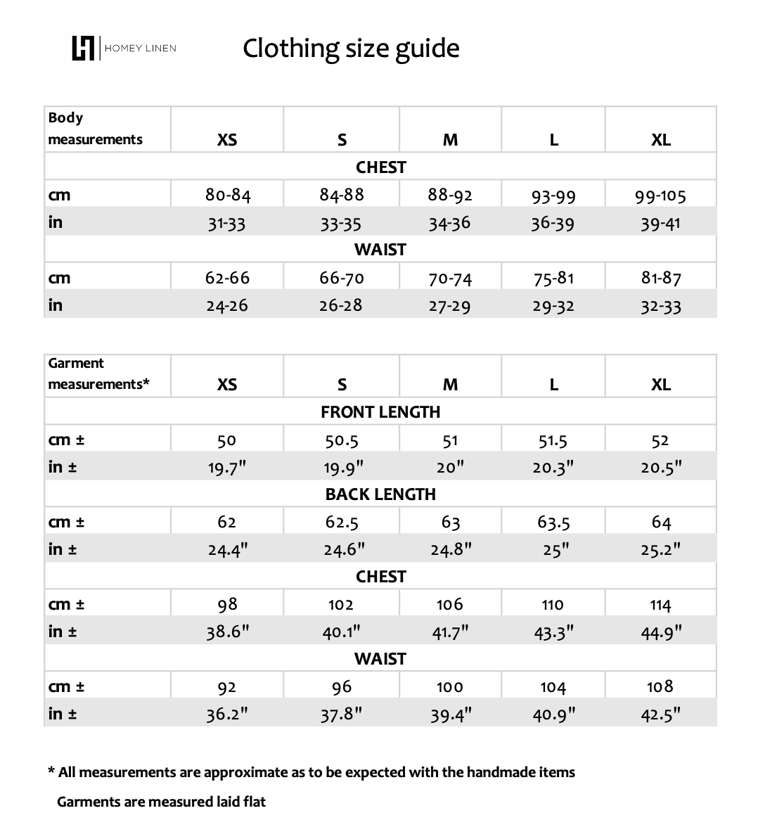 clothing size guide