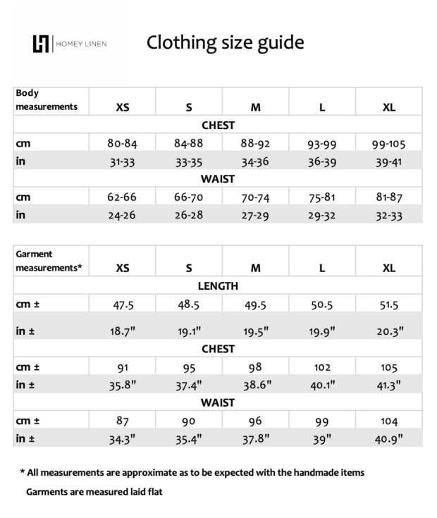 linen clothing size guide