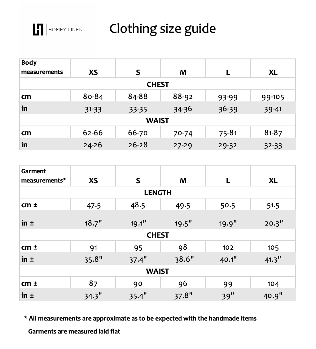 linen clothing size guide