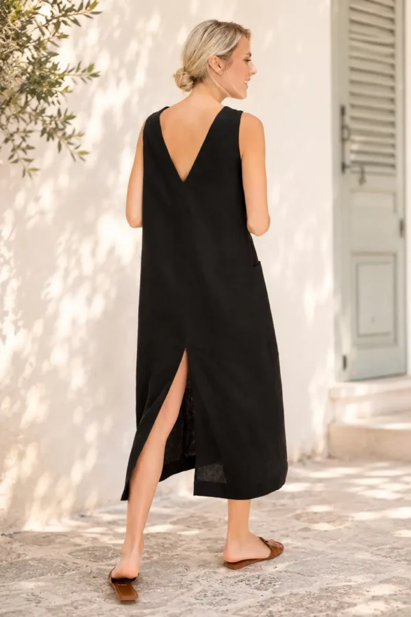 Long Linen Dress with Pockets in Black