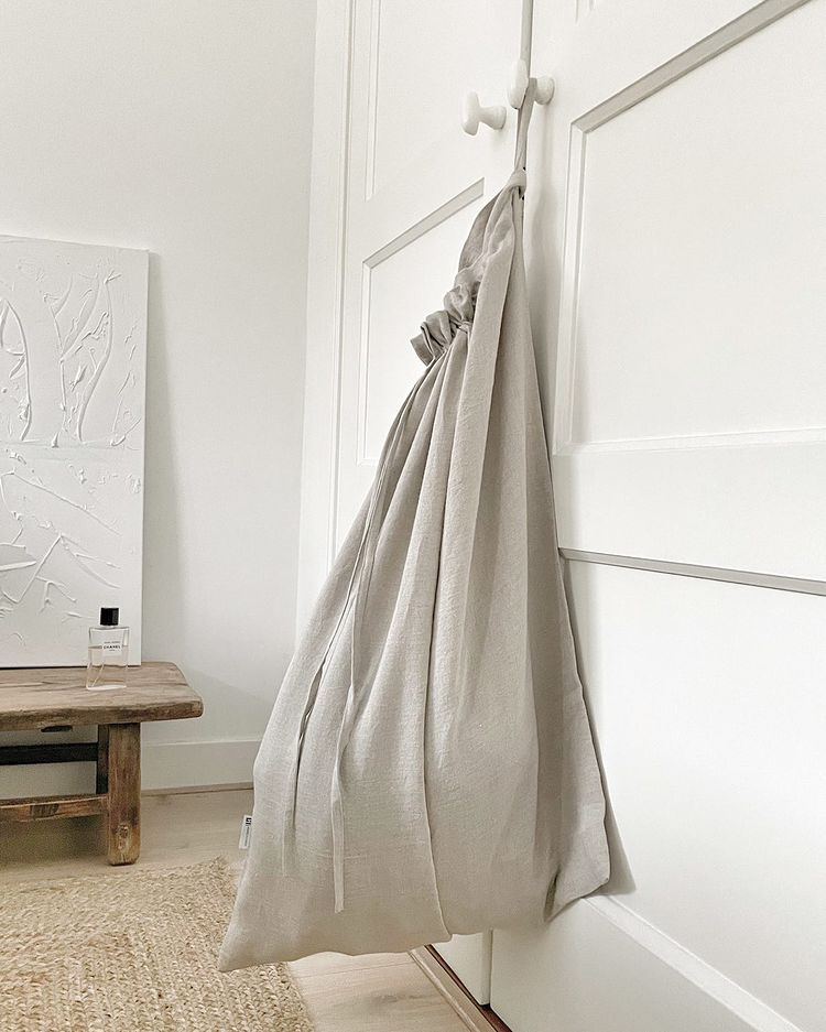 Drawstring Linen Laundry Bag in Light gray