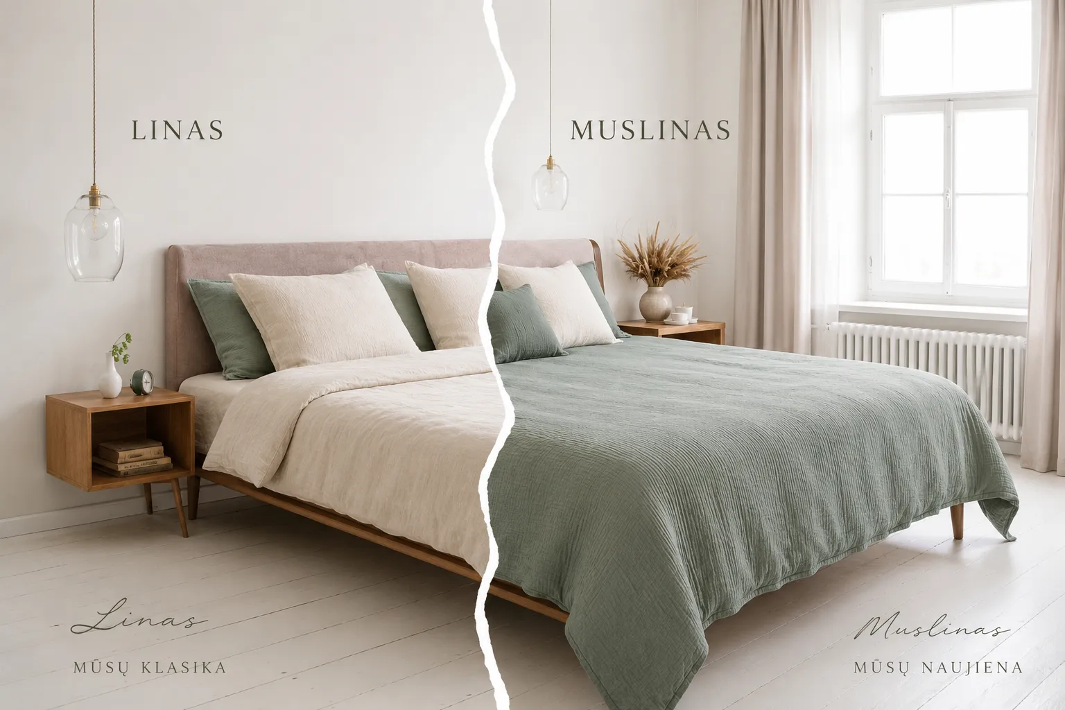 Transformation from linen to muslin bedding in a modern bedroom with natural home textiles