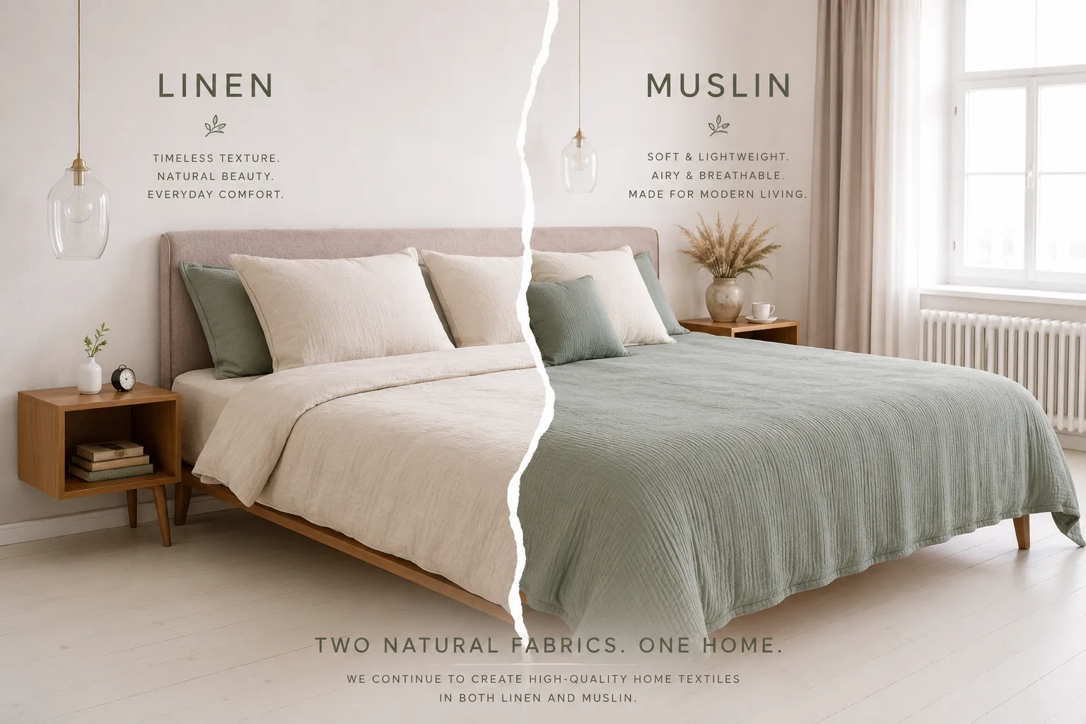Transformation from linen to muslin bedding in a modern bedroom with natural home textiles