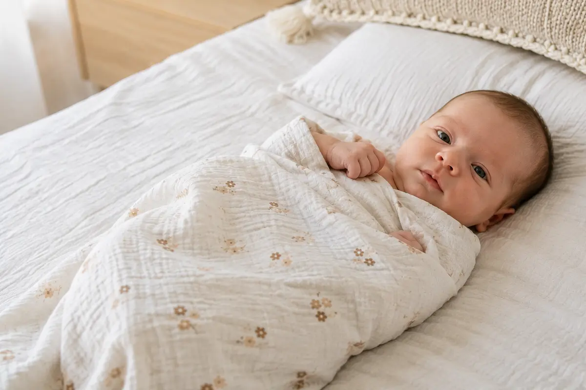 Happy child wrapped in a soft muslin swaddle blanket lying on a cozy bed in a bright nursery, illustrating how to choose the best muslin swaddle blanket for newborns.